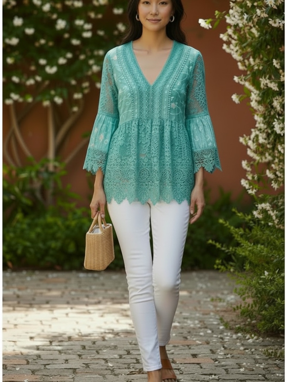 V-Neck Lace Tunic Top in Teal - Women's Boho Blouse